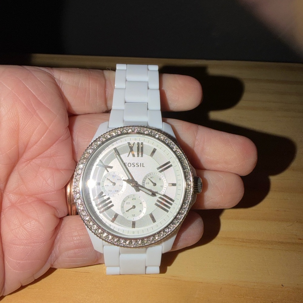 Fossil White and Silver Watch with Crystal Accents